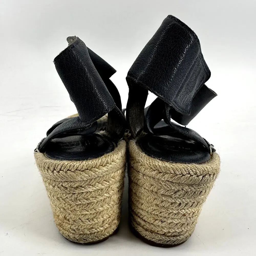 Eileen Fisher Willow Espadrille Sandals Wedge Strappy Tumbled Leather Black 7